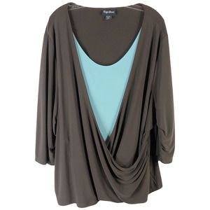 Maggie Barnes Plus Size 3X Top 26W 28W Blouse Brown Blue Draped Layered 385‎